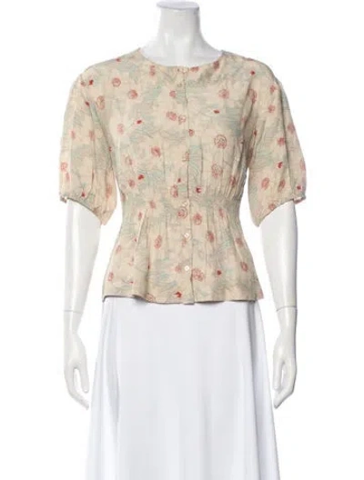 Pre-owned The Great Floral Print Crew Neck Blouse In Green