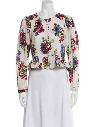 Pre-owned The Great Floral Print Crew Neck Blouse In White