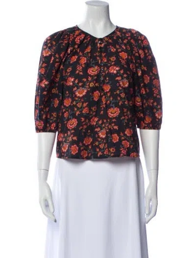 Pre-owned The Great Floral Print Crew Neck Crop Top In Black