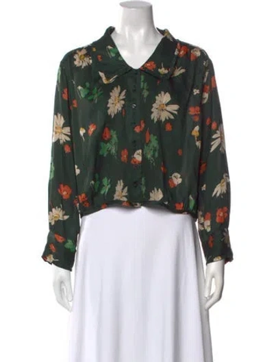 Pre-owned The Great Floral Print Long Sleeve Blouse In Green