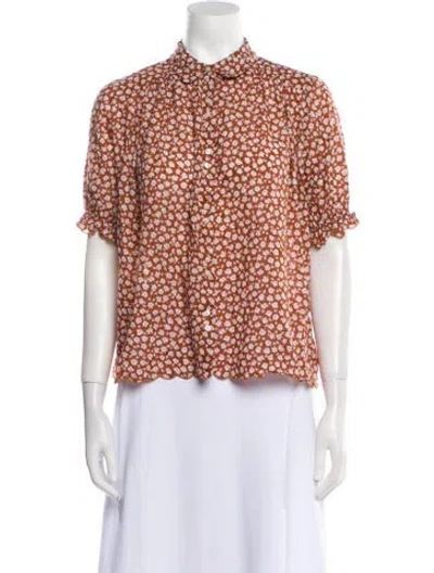 Pre-owned The Great Floral Print Mock Neck Blouse In Brown