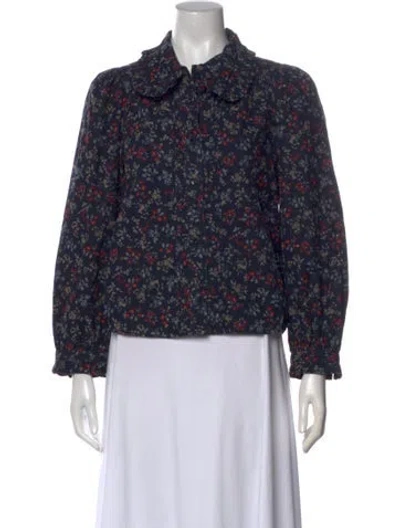 Pre-owned The Great Floral Print Mock Neck Blouse In Gray