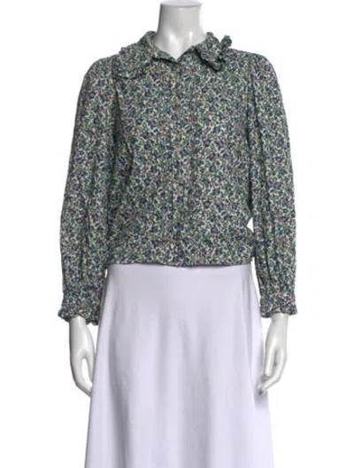 Pre-owned The Great Floral Print Mock Neck Blouse In Green