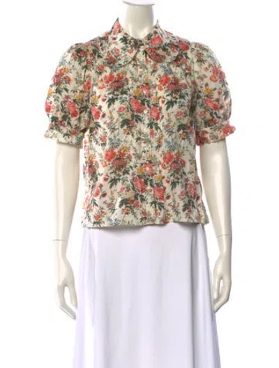 Pre-owned The Great Floral Print Mock Neck Button-up Top In Neutral
