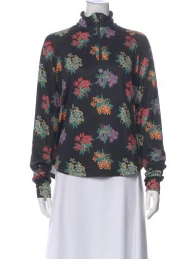 Pre-owned The Great Floral Print Mock Neck Top In Green