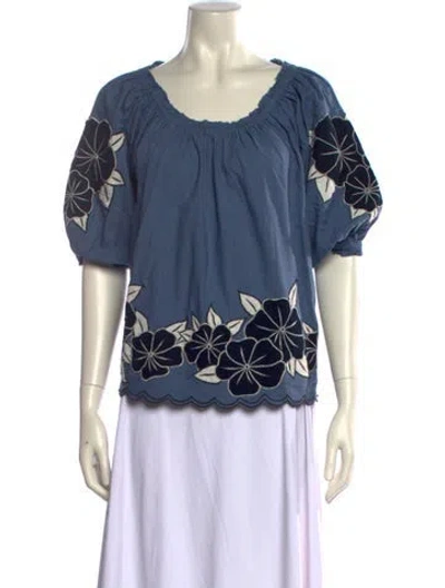 Pre-owned The Great Floral Print Scoop Neck Blouse In Blue