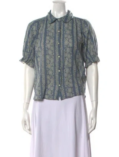 Pre-owned The Great Floral Print Short Sleeve Blouse In Blue
