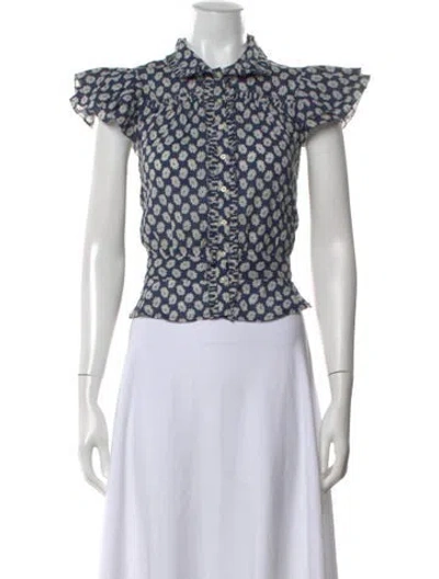 Pre-owned The Great Floral Print Short Sleeve Blouse In Blue