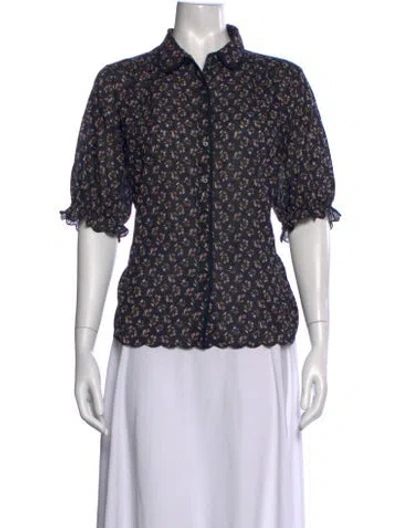 Pre-owned The Great Floral Print Short Sleeve Blouse In Blue