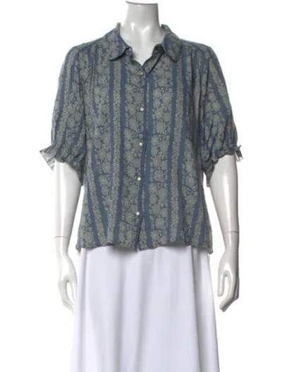Pre-owned The Great Floral Print Short Sleeve Blouse In Blue