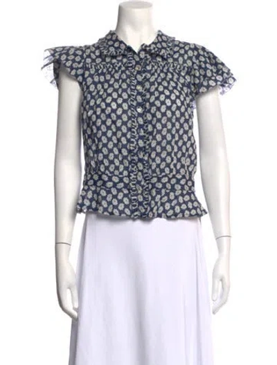 Pre-owned The Great Floral Print Short Sleeve Blouse In Blue