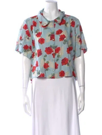 Pre-owned The Great Floral Print Short Sleeve Blouse In Blue/red
