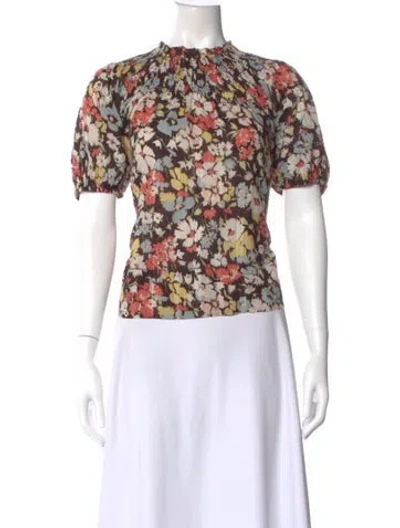 Pre-owned The Great Floral Print Short Sleeve Blouse In Brown