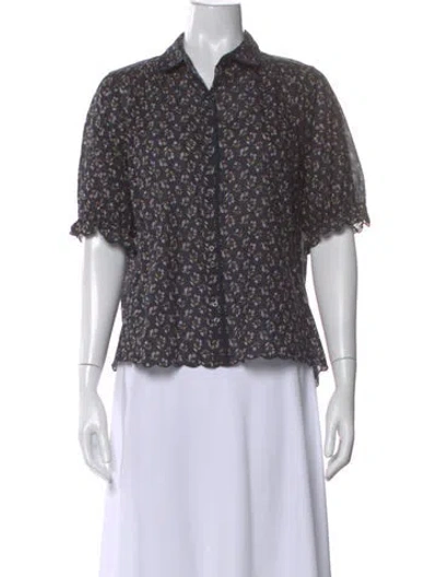 Pre-owned The Great Floral Print Short Sleeve Blouse In Gray