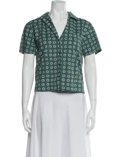 Pre-owned The Great Floral Print Short Sleeve Blouse In Green