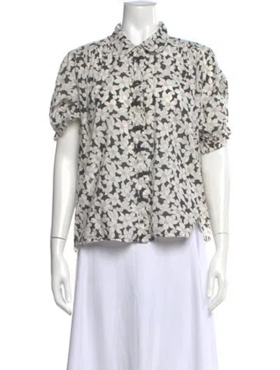 Pre-owned The Great Floral Print Short Sleeve Blouse In Neutral