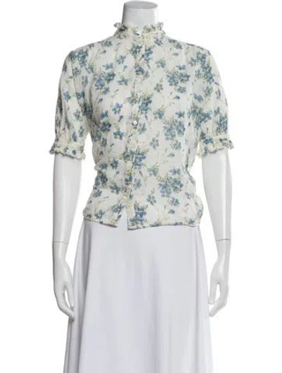 Pre-owned The Great Floral Print Short Sleeve Blouse In Neutral