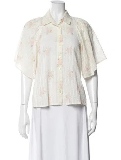 Pre-owned The Great Floral Print Short Sleeve Blouse In White