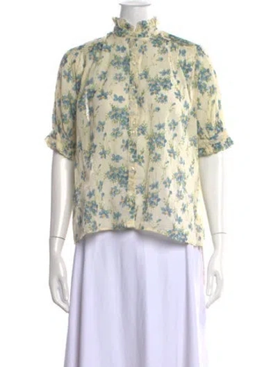 Pre-owned The Great Floral Print Short Sleeve Blouse In White
