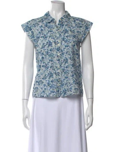Pre-owned The Great Floral Print Short Sleeve Button-up Top In Blue