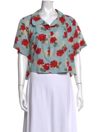 Pre-owned The Great Floral Print Short Sleeve Button-up Top In Blue