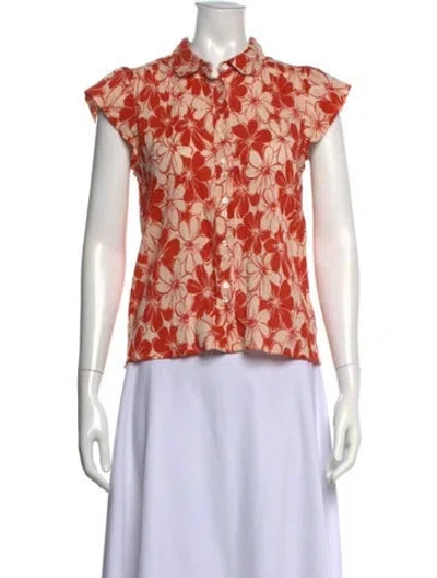 Pre-owned The Great Floral Print Short Sleeve Button-up Top In Orange