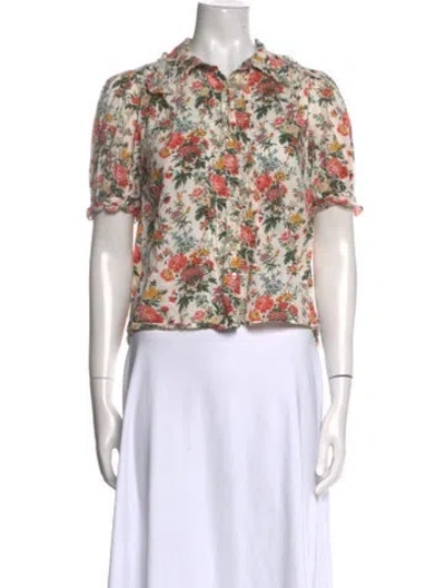 Pre-owned The Great Floral Print Short Sleeve Crop Top In White