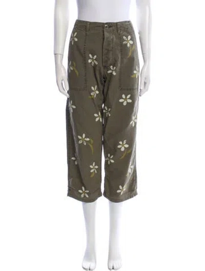 Pre-owned The Great Floral Print Straight Leg Pants In Green