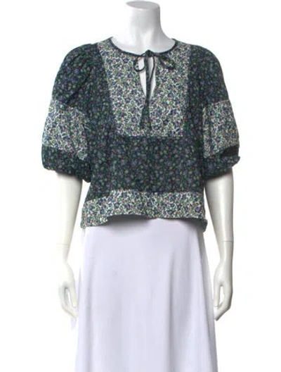 Pre-owned The Great Floral Print Tie Neck Blouse In Blue