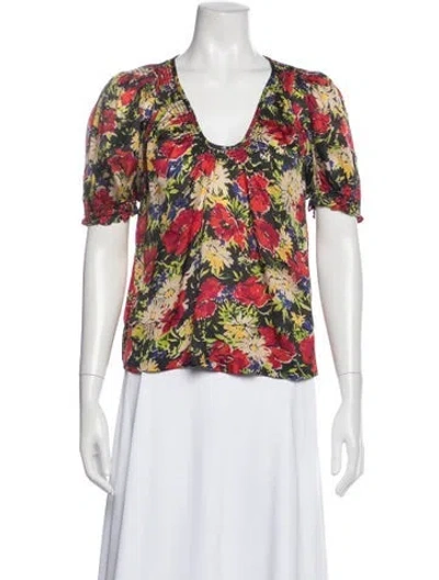 Pre-owned The Great Floral Print V-neck Blouse In Black