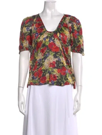 Pre-owned The Great Floral Print V-neck Blouse In Black