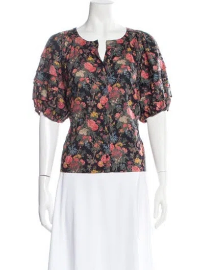 Pre-owned The Great Floral Print V-neck Blouse In Black