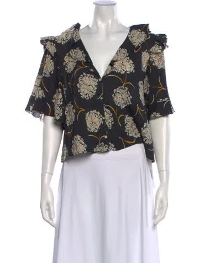 Pre-owned The Great Floral Print V-neck Blouse In Black