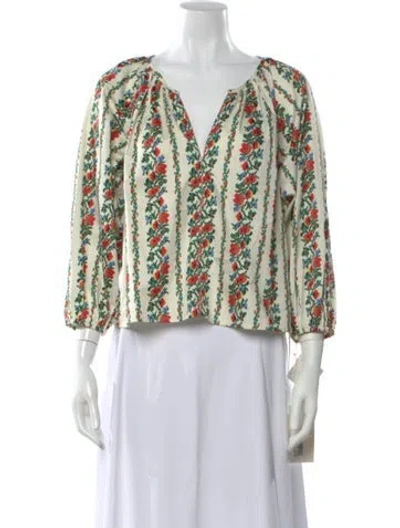 Pre-owned The Great Floral Print V-neck Blouse In Green