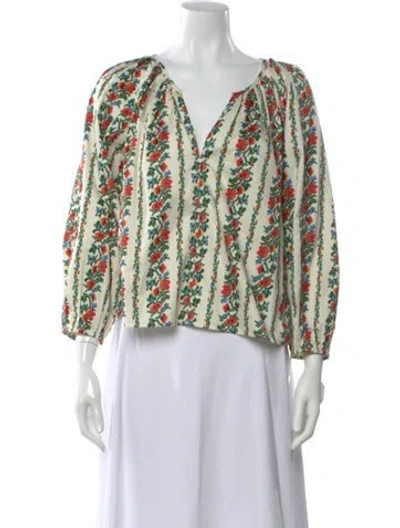 Pre-owned The Great Floral Print V-neck Blouse In Green