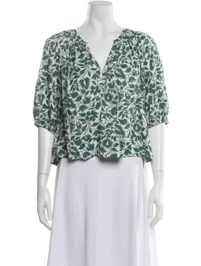 Pre-owned The Great Floral Print V-neck Blouse In Green/white