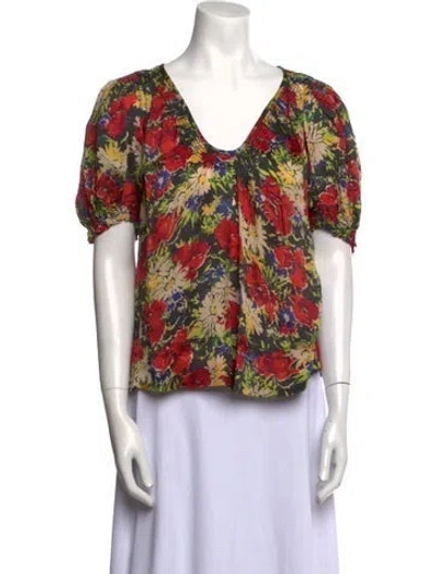 Pre-owned The Great Floral Print V-neck Blouse In Red