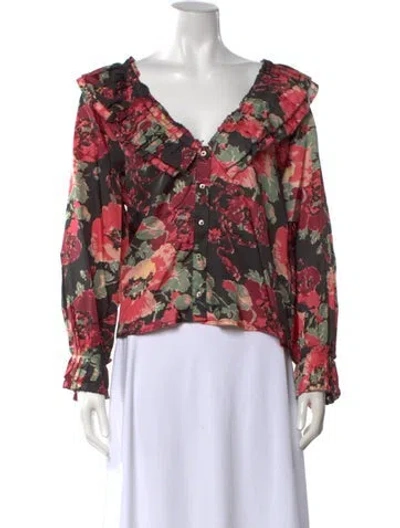 Pre-owned The Great Floral Print V-neck Blouse W/ Tags In Black/pink