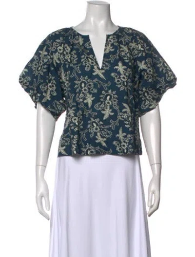 Pre-owned The Great Floral Print V-neck Top In Blue