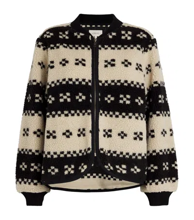 The Great Geometric Jacquard Plush Bomber Jacket In Brown
