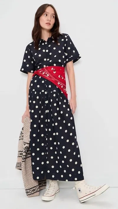 The Great Highland Midi Skirt In Navy With Cream Polka Dots In Black