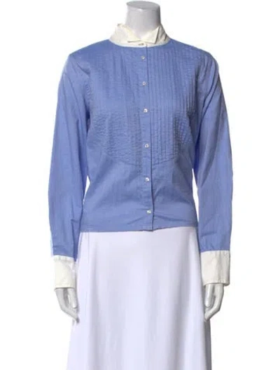 Pre-owned The Great Mock Neck Long Sleeve Button-up Top In Blue
