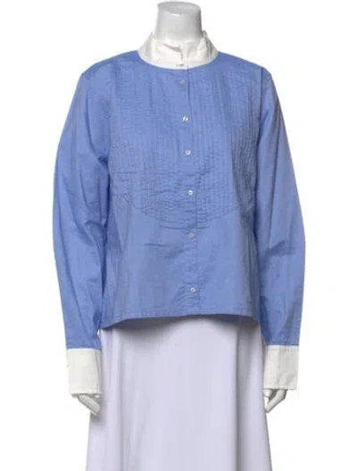 Pre-owned The Great Mock Neck Long Sleeve Button-up Top W/ Tags In Blue