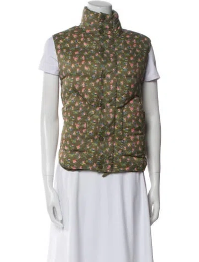 Pre-owned The Great Nylon Floral Print Puffer Vest In Green