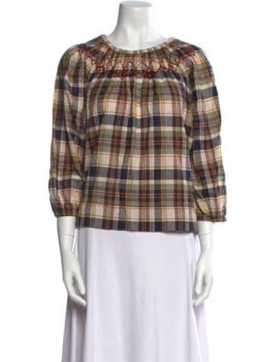 Pre-owned The Great Plaid Print Bateau Neckline Top In Neutral
