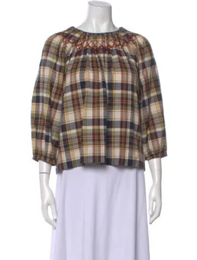 Pre-owned The Great Plaid Print Crew Neck Blouse In Brown