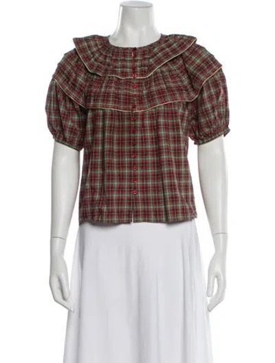 Pre-owned The Great Plaid Print Crew Neck Blouse In Green