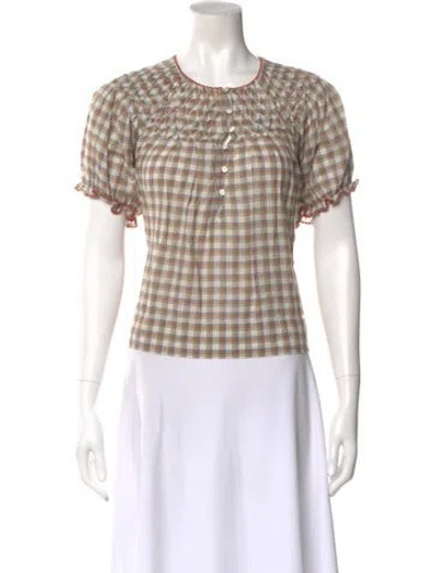 Pre-owned The Great Plaid Print Crew Neck Blouse In Green