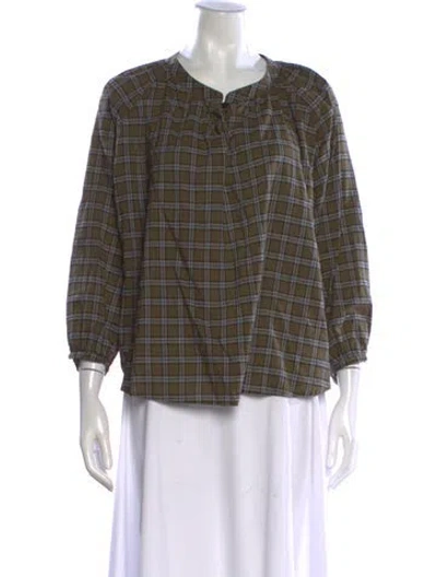 Pre-owned The Great Plaid Print Crew Neck Blouse In Green