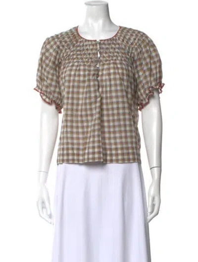 Pre-owned The Great Plaid Print Crew Neck Blouse In Green